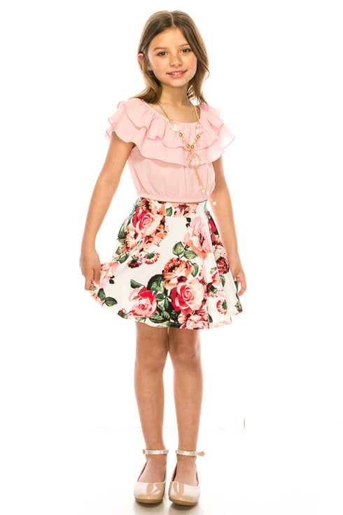 Just Kids Girls Ruffle Off Shoulder Top Denim Skirt 2 Piece Outfit with Necklace, Sizes 4-14 - SophiasStyle.com